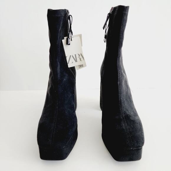 Zara Black Faux Suede Leather Chunky Platform Zip Up Ankle Boots Size 10 - Picture 6 of 9
